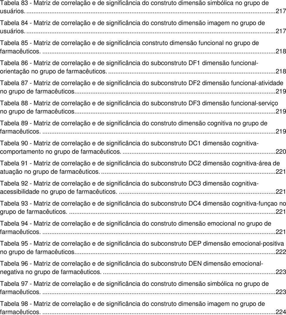 ... 217 Tabela 85 - Matriz de correlação e de significância construto dimensão funcional no grupo de farmacêuticos.