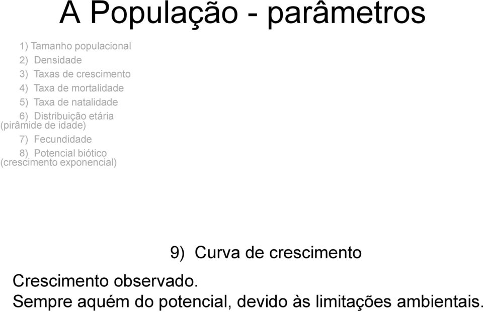 idade) 7) Fecundidade 8) Potencial biótico (crescimento exponencial) 9) Curva de