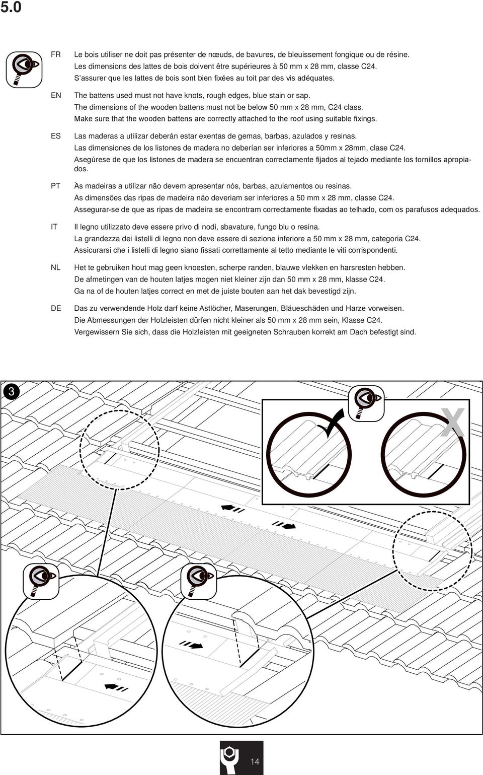 The battens used must not have knots, rough edges, blue stain or sap. The dimensions of the wooden battens must not be below 50 mm x 8 mm, C4 class.