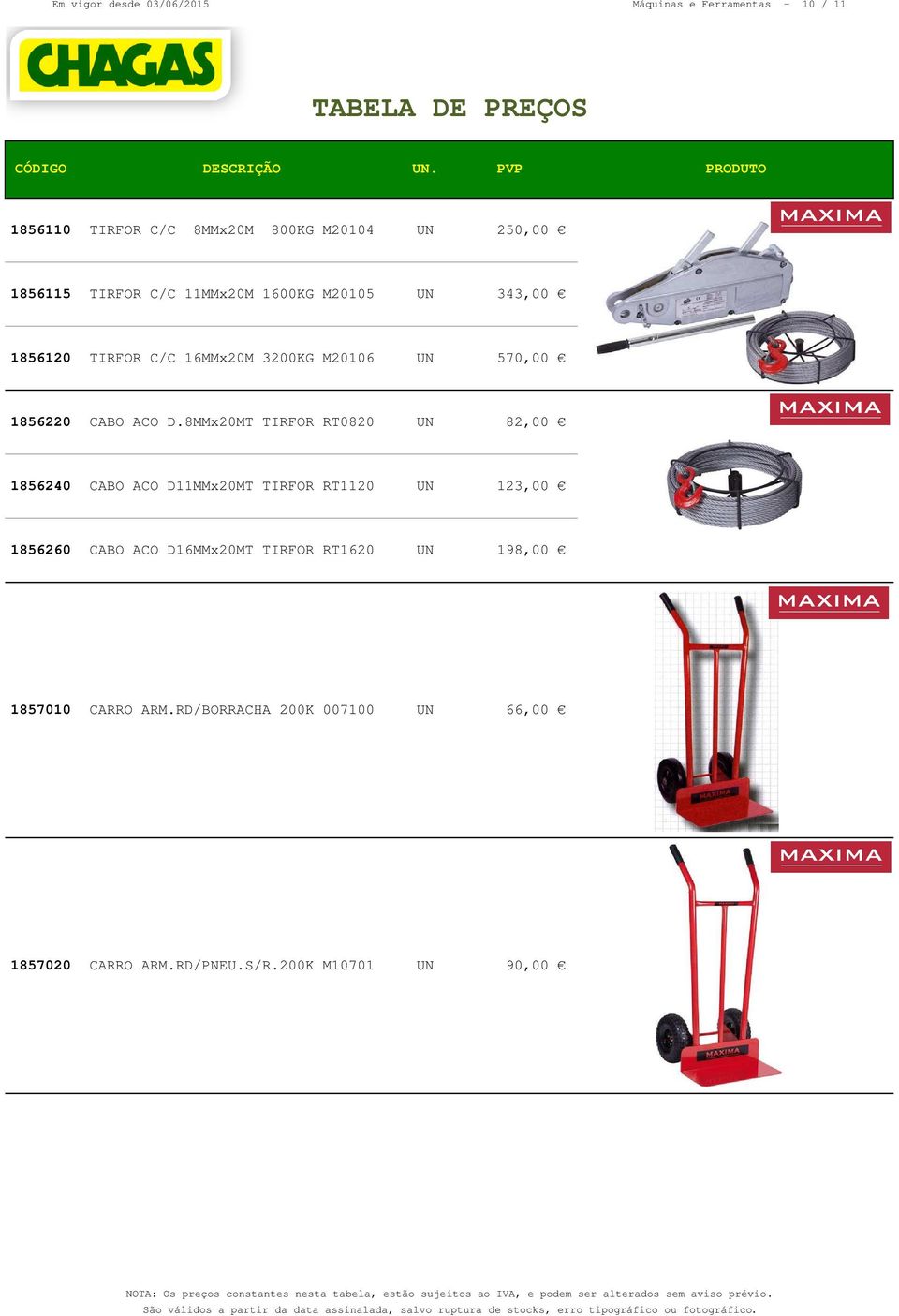 8MMx20MT TIRFOR RT0820 UN 82,00 1856240 CABO ACO D11MMx20MT TIRFOR RT1120 UN 123,00 1856260 CABO ACO D16MMx20MT