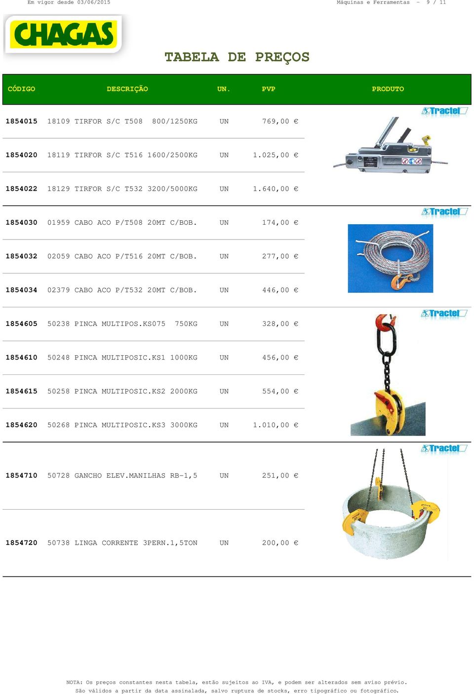 UN 277,00 1854034 02379 CABO ACO P/T532 20MT C/BOB. UN 446,00 1854605 50238 PINCA MULTIPOS.KS075 750KG UN 328,00 1854610 50248 PINCA MULTIPOSIC.