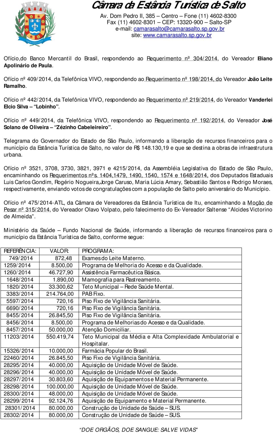 Ofício nº 442/2014, da Telefônica VIVO, respondendo ao Requerimento nº 219/2014, do Vereador Vanderlei Elcio Silva Lobinho.