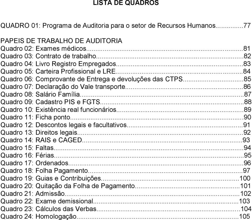 ..86 Quadro 08: Salário Família...87 Quadro 09: Cadastro PIS e FGTS...88 Quadro 10: Existência real funcionários...89 Quadro 11: Ficha ponto...90 Quadro 12: Descontos legais e facultativos.