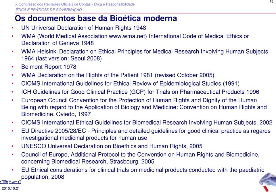 Belmont Report 1978 WMA Declaration on the Rights of the Patient 1981 (revised October 2005) CIOMS International Guidelines for Ethical Review of Epidemiological Studies (1991) ICH Guidelines for