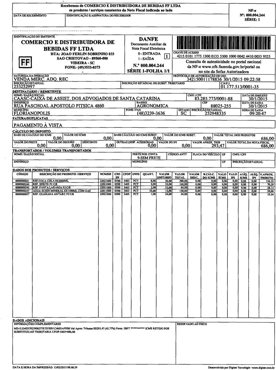 253252997 DESTINATÁRIO / REMETENTE CÁLCULO DO IMPOSTO BASE DE CALCULO DO ICMS REC VALOR DO ICMS DANFE Documento Auxiliar da Nota Fiscal Eletrônica - ENTRADA 1 - SAÍDA EI N. 000.004.