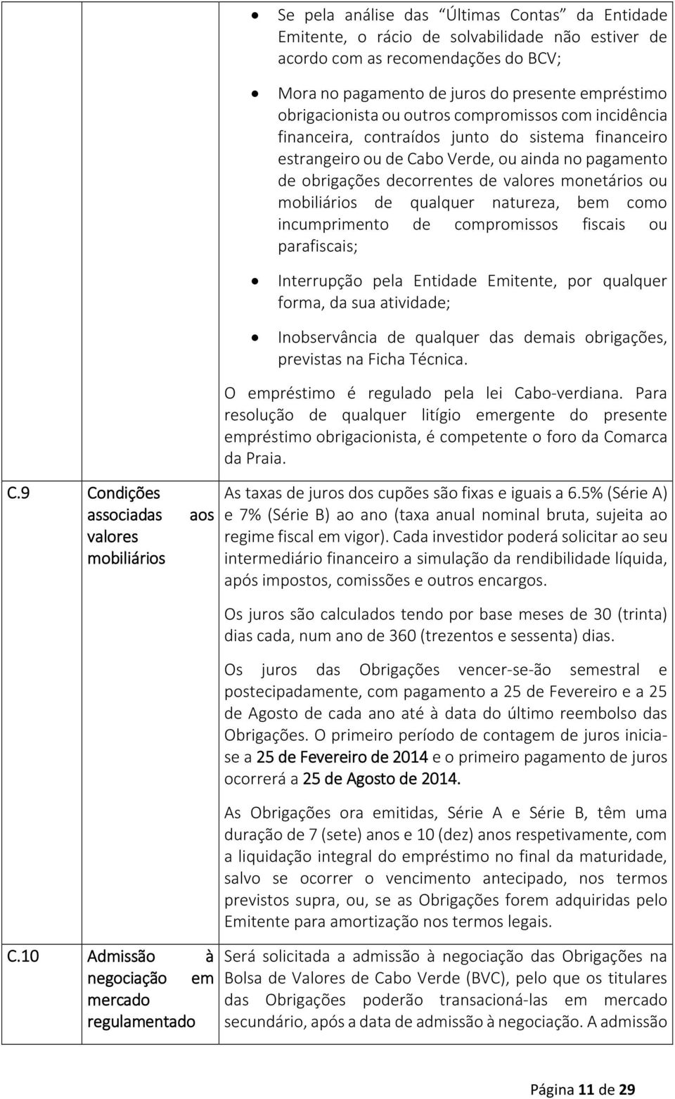 mobiliários de qualquer natureza, bem como incumprimento de compromissos fiscais ou parafiscais; Interrupção pela Entidade Emitente, por qualquer forma, da sua atividade; Inobservância de qualquer