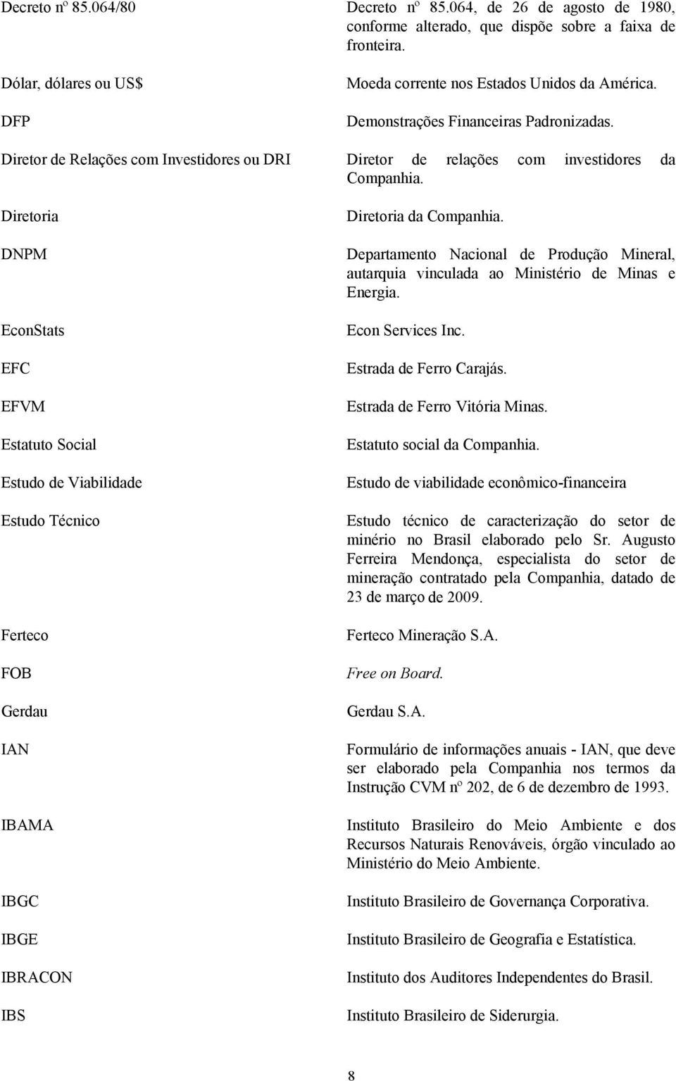 Diretoria DNPM EconStats EFC EFVM Estatuto Social Estudo de Viabilidade Estudo Técnico Ferteco FOB Gerdau IAN IBAMA IBGC IBGE IBRACON IBS Diretoria da Companhia.