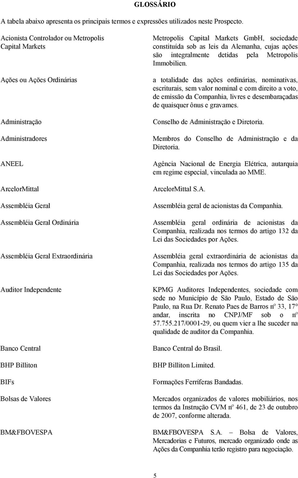 Extraordinária Auditor Independente Banco Central BHP Billiton BIFs Bolsas de Valores Metropolis Capital Markets GmbH, sociedade constituída sob as leis da Alemanha, cujas ações são integralmente