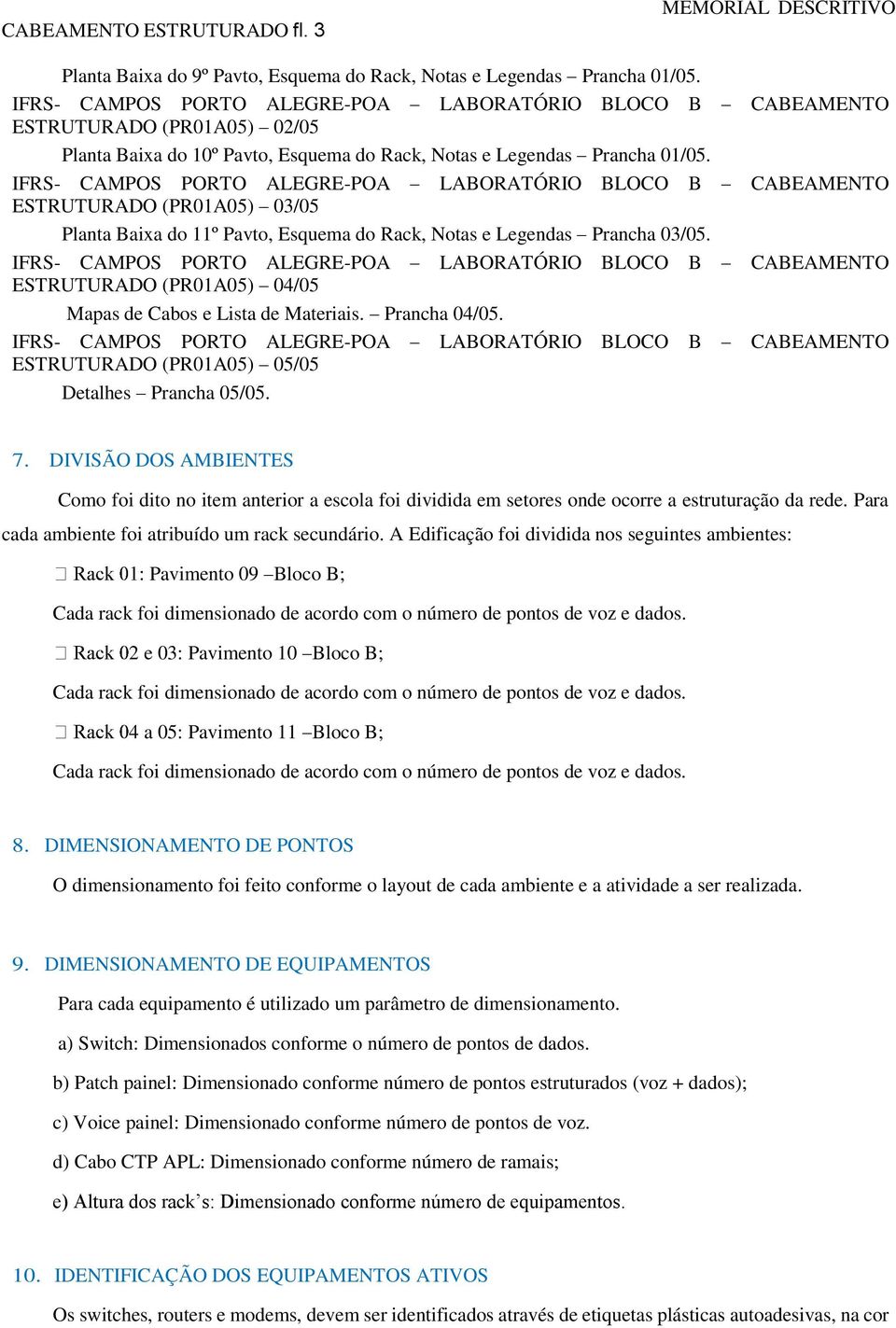 IFRS- CAMPOS PORTO ALEGRE-POA LABORATÓRIO BLOCO B CABEAMENTO ESTRUTURADO (PR01A05) 03/05 Planta Baixa do 11º Pavto, Esquema do Rack, Notas e Legendas Prancha 03/05.