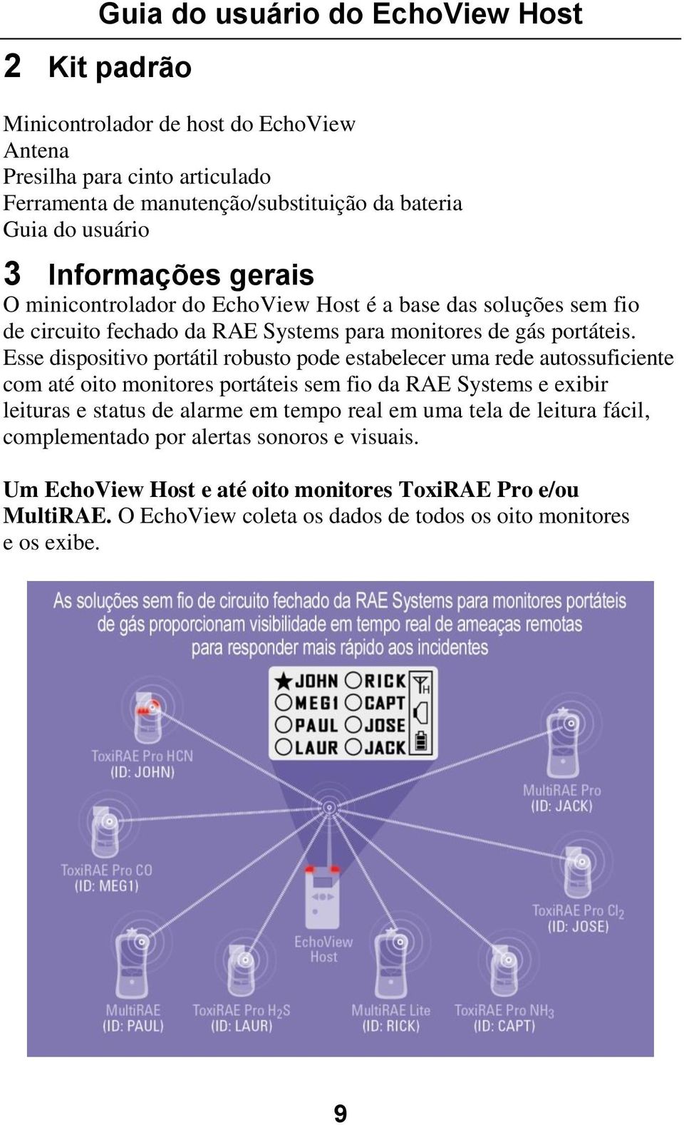 Esse dispositivo portátil robusto pode estabelecer uma rede autossuficiente com até oito monitores portáteis sem fio da RAE Systems e exibir leituras e status de alarme em