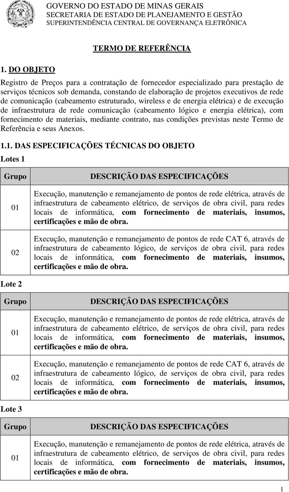 de comunicação (cabeamento estruturado, wireless e de energia elétrica) e de execução de infraestrutura de rede comunicação (cabeamento lógico e energia elétrica), com fornecimento de materiais,