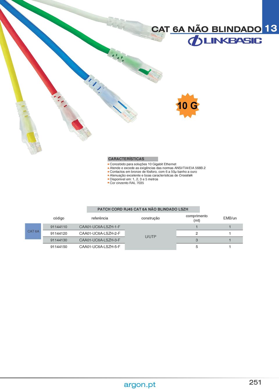 em:, 2, 3 e 5 metros Cor cinzento RAL 7035 CAT 6A código referência construção 9440 CAA0-UC6A-LSZH--F PATCH CORD RJ45 CAT 6A