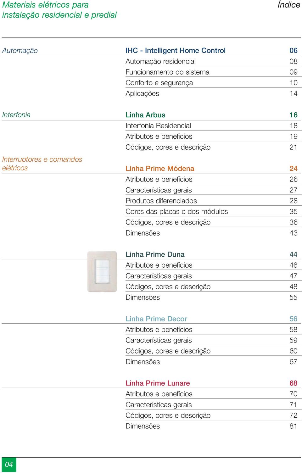 Características gerais 27 Produtos diferenciados 28 Cores das placas e dos módulos 35 Códigos, cores e descrição 36 Dimensões 43 Linha Prime Duna 44 Atributos e benefícios 46 Características gerais