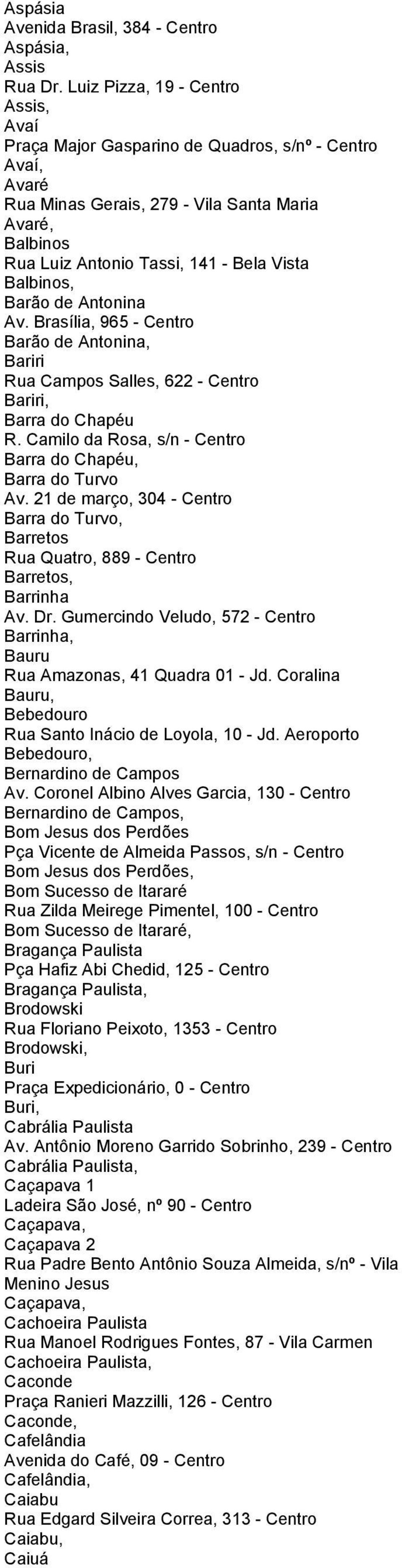 Balbinos, Barão de Antonina Av. Brasília, 965 - Centro Barão de Antonina, Bariri Rua Campos Salles, 622 - Centro Bariri, Barra do Chapéu R.