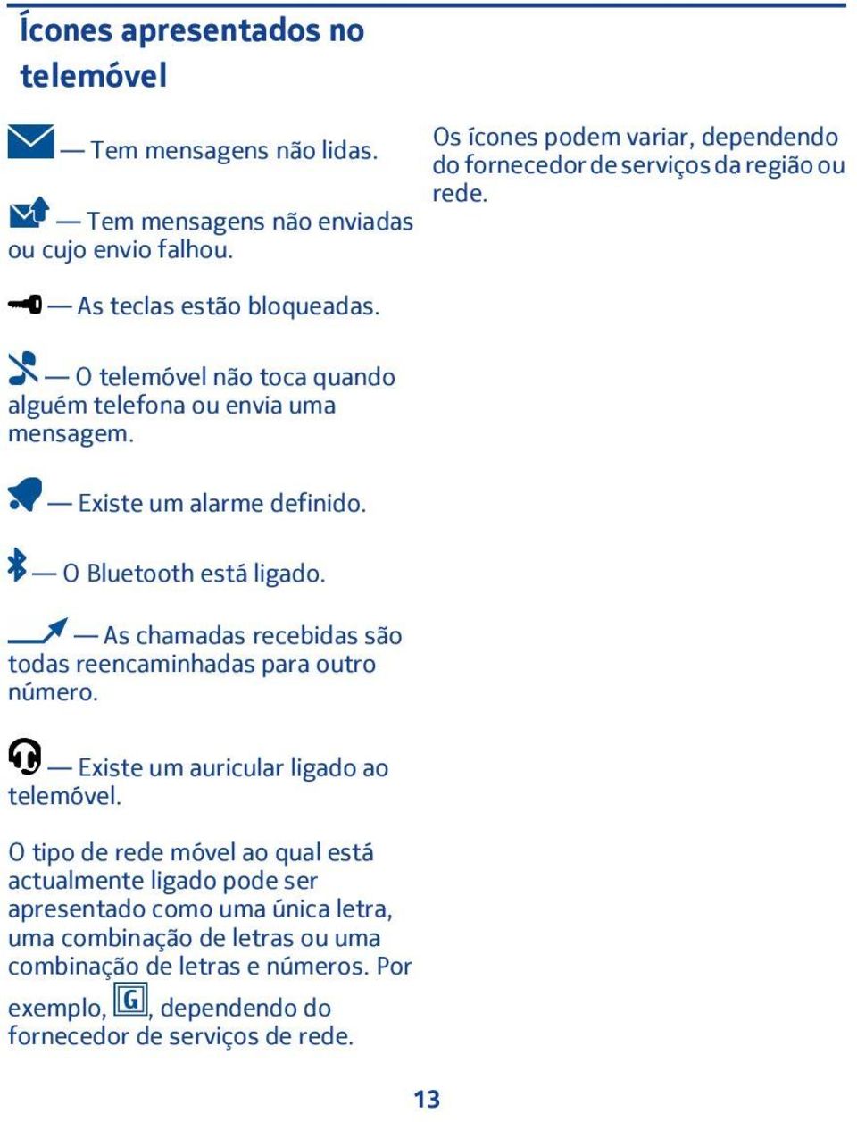 Existe um alarme definido. O Bluetooth está ligado. As chamadas recebidas são todas reencaminhadas para outro número. Existe um auricular ligado ao telemóvel.