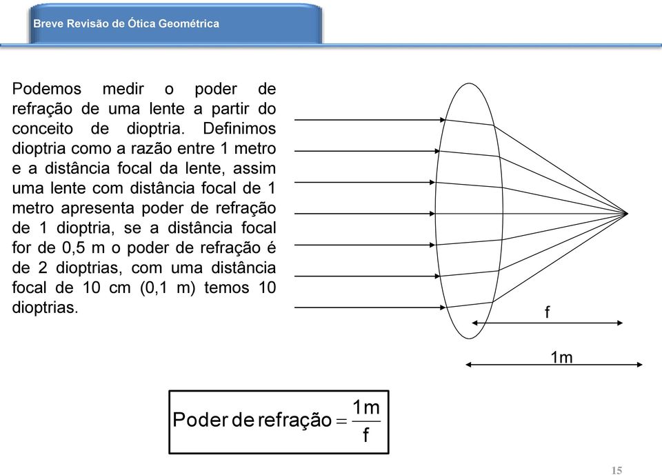 Definimos dioptria como a razão entre 1 metro e a distância focal da lente, assim uma lente com distância