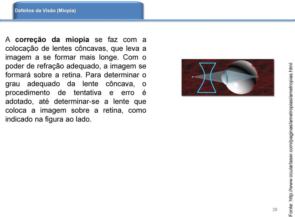 se formar mais longe. Com o poder de refração adequado, a imagem se formará sobre a retina.