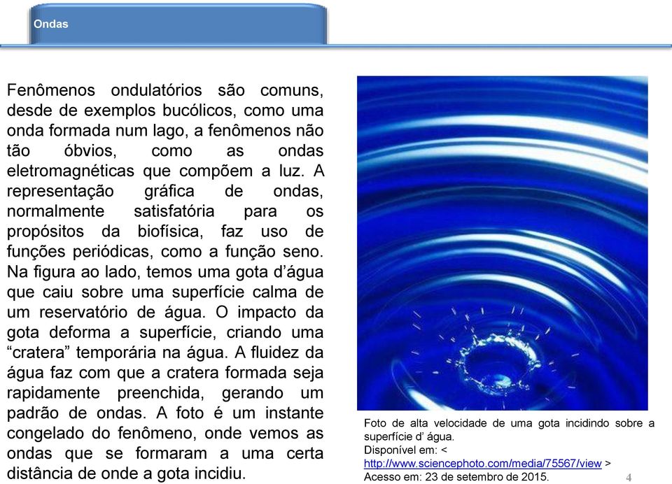 Na figura ao lado, temos uma gota d água que caiu sobre uma superfície calma de um reservatório de água. O impacto da gota deforma a superfície, criando uma cratera temporária na água.