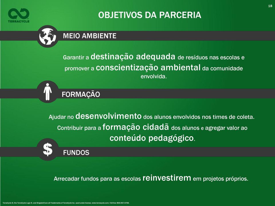 com, Toll-free Toll-free OBJETIVOS DA PARCERIA 18 MEIO AMBIENTE Garantir a destinação adequada de resíduos nas escolas e promover a