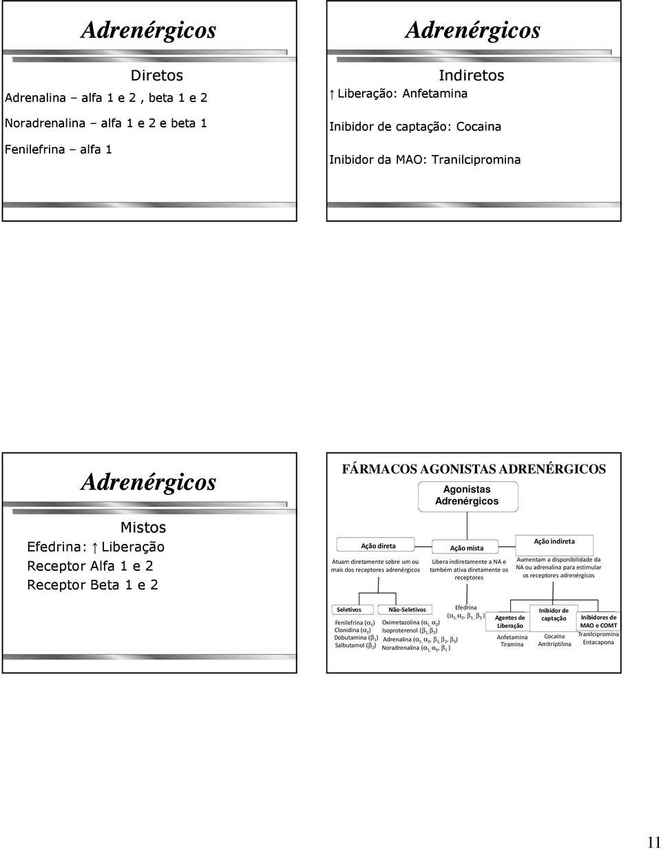 adrenérgicos Agonistas Adrenérgicos Ação mista Libera indiretamente a NA e também ativa diretamente os receptores Ação indireta Aumentam a disponibilidade da NA ou adrenalina para estimular os