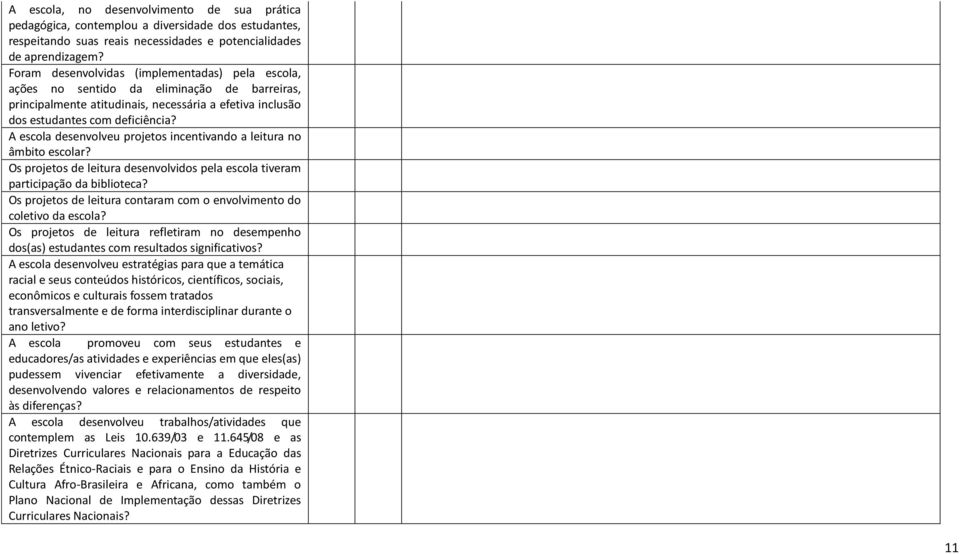 A escola desenvolveu projetos incentivando a leitura no âmbito escolar? Os projetos de leitura desenvolvidos pela escola tiveram participação da biblioteca?