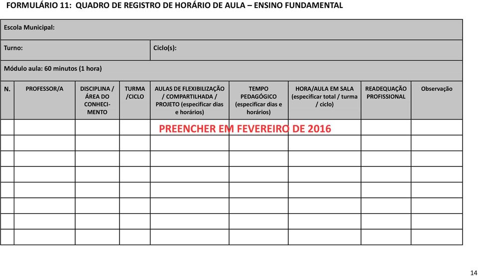 PROFESSOR/A DISCIPLINA / ÁREA DO CONHECI- MENTO TURMA /CICLO AULAS DE FLEXIBILIZAÇÃO / COMPARTILHADA / PROJETO