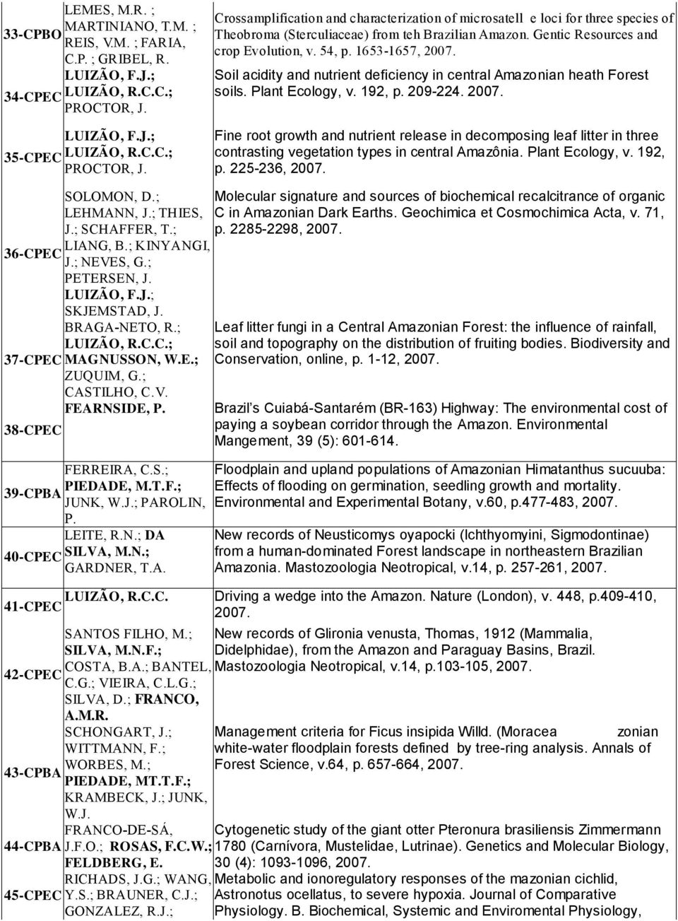 Gentic Resources and crop Evolution, v. 54, p. 1653-1657, 2007. oil acidity and nutrient deficiency in central Amazonian heath Forest soils. Plant Ecology, v. 192, p. 209-224. 2007. Fine root growth and nutrient release in decomposing leaf litter in three contrasting vegetation types in central Amazônia.