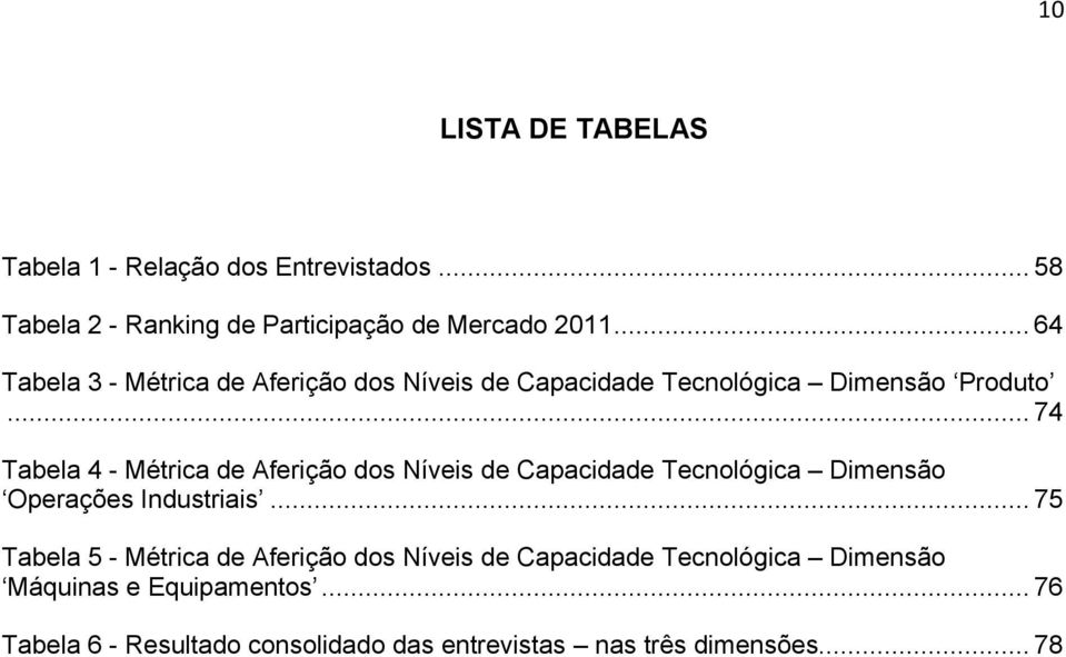 .. 74 Tabela 4 - Métrica de Aferição dos Níveis de Capacidade Tecnológica Dimensão Operações Industriais.