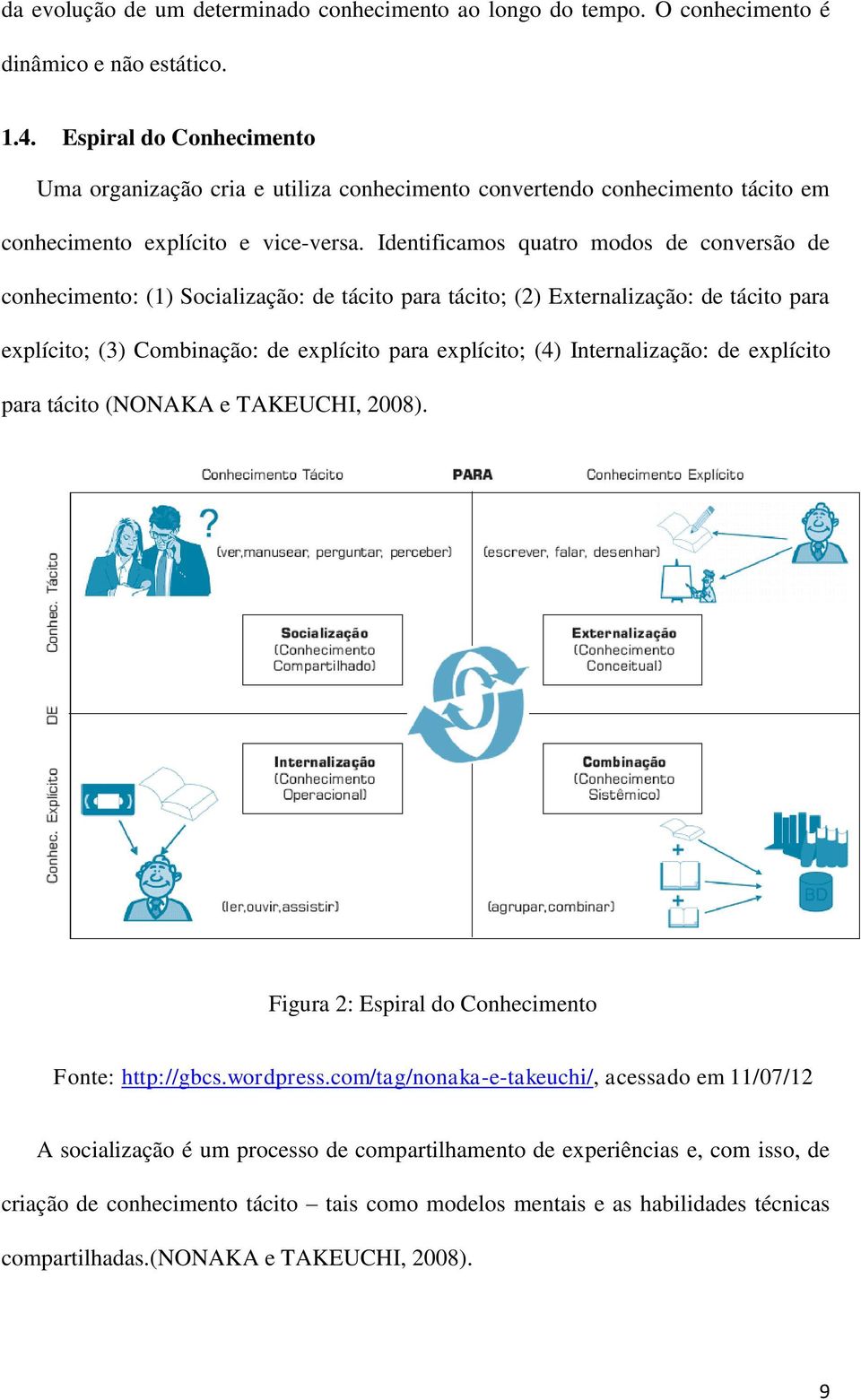 Identificamos quatro modos de conversão de conhecimento: (1) Socialização: de tácito para tácito; (2) Externalização: de tácito para explícito; (3) Combinação: de explícito para explícito; (4)