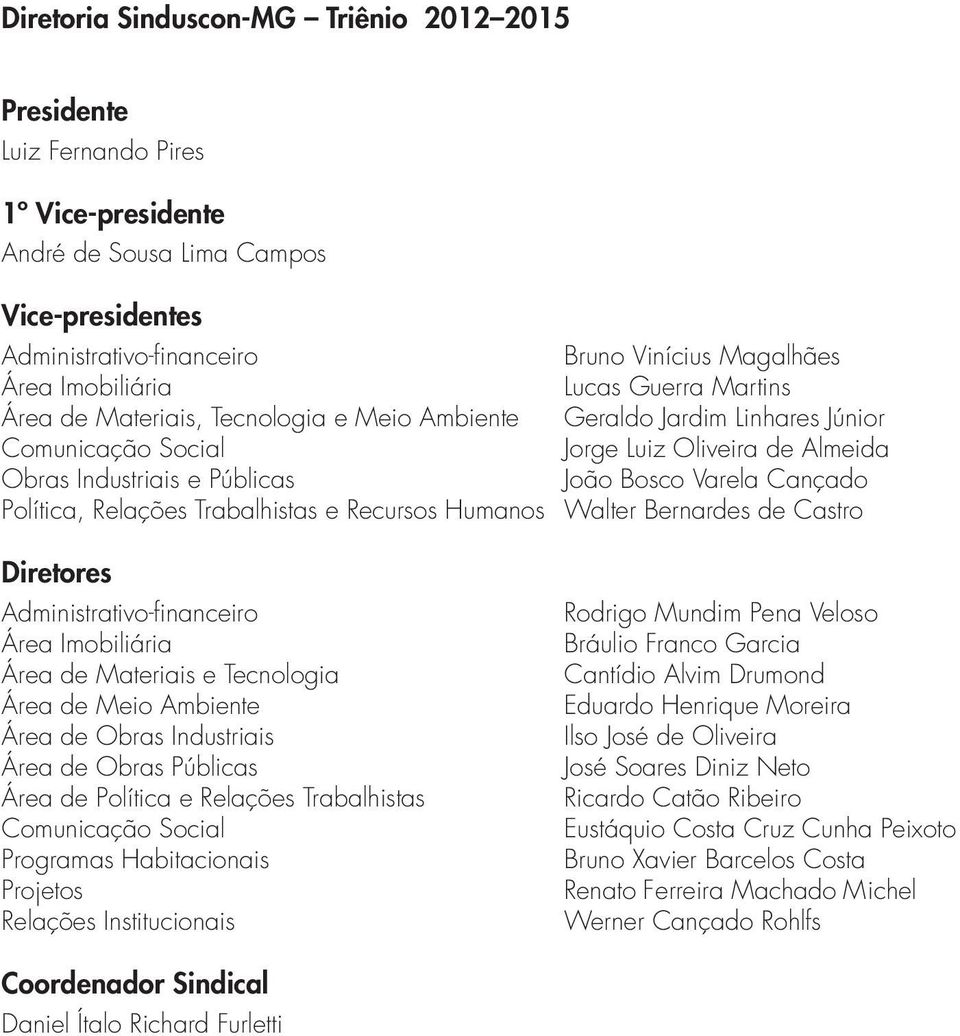 Cançado Política, Relações Trabalhistas e Recursos Humanos Walter Bernardes de Castro Diretores Administrativo-financeiro Área Imobiliária Área de Materiais e Tecnologia Área de Meio Ambiente Área de