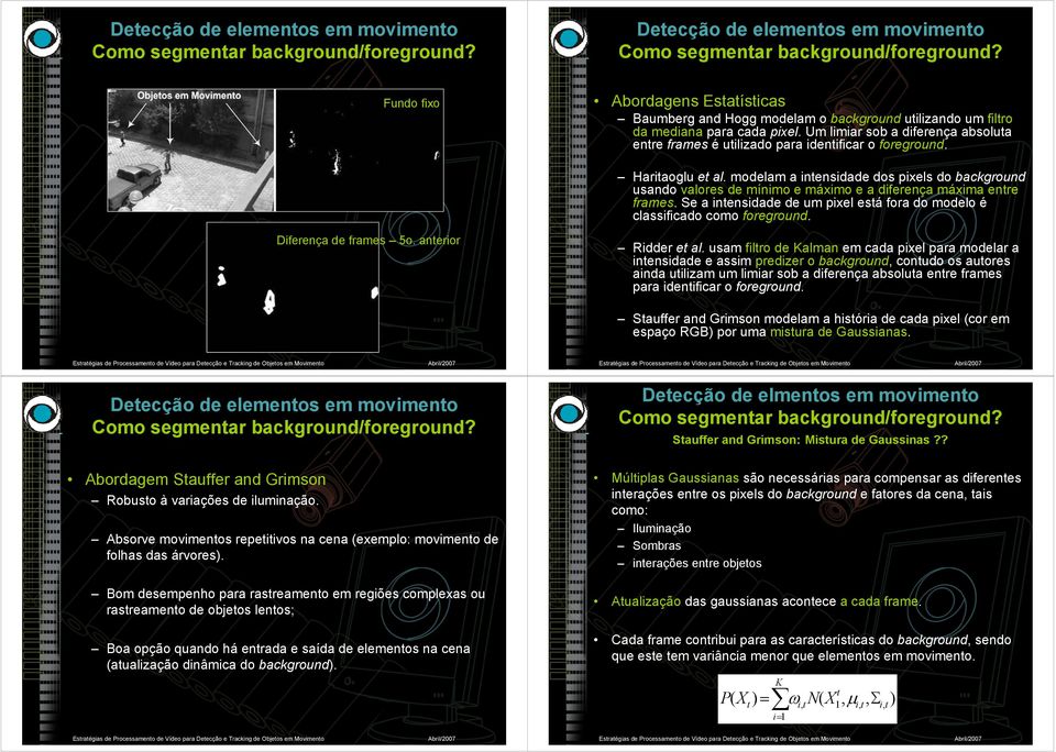 modelam a intensidade dos pixels do background usando valores de mínimo e máximo e a diferença máxima entre frames. Se a intensidade de um pixel está fora do modelo é classificado como foreground.