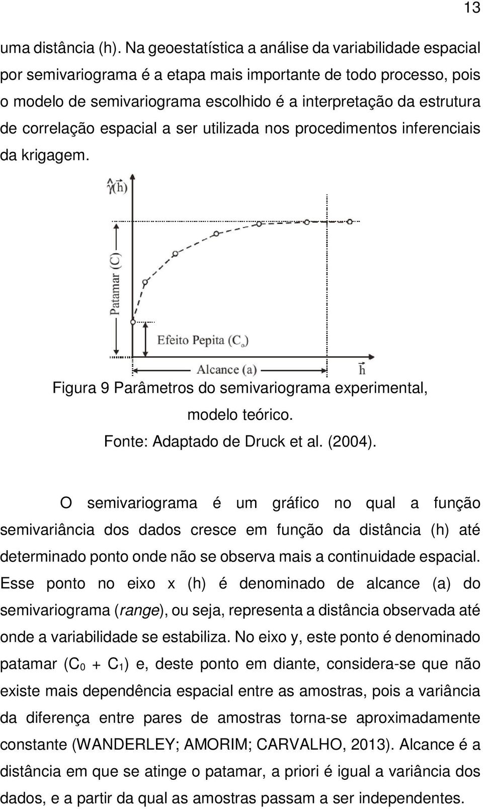 correlação espacial a ser utilizada nos procedimentos inferenciais da krigagem. Figura 9 Parâmetros do semivariograma experimental, modelo teórico. Fonte: Adaptado de Druck et al. (2004).