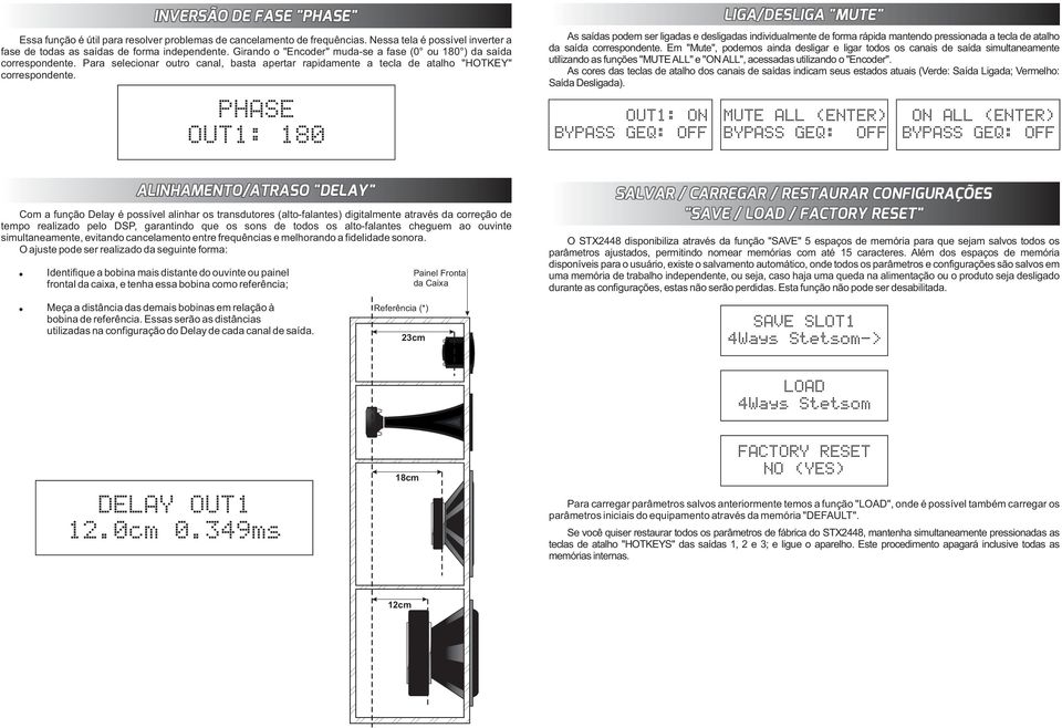 OUT1: 180 LIGA/DESLIGA "MUTE" As saídas podem ser ligadas e desligadas individualmente de forma rápida mantendo pressionada a tecla de atalho da saída correspondente.