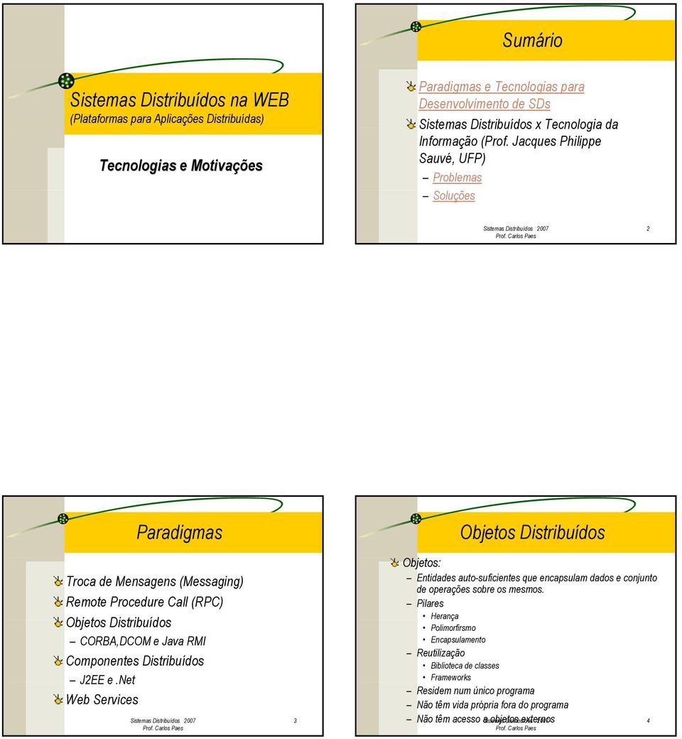 Jacques Philippe Sauvé, UFP) 2 Paradigmas Troca de Mensagens (Messaging) Remote Procedure Call (RPC) CORBA,DCOM e Java RMI Distribuídos J2EE e.