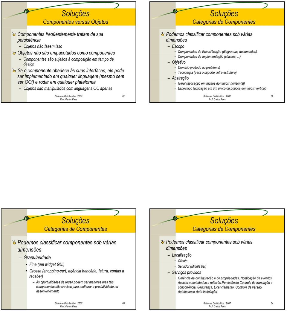 ) e rodar em qualquer plataforma Objetos são manipulados com linguagens OO apenas Categorias de Podemos classificar componentes sob várias dimensões Escopo de Especificação (diagramas, documentos) de