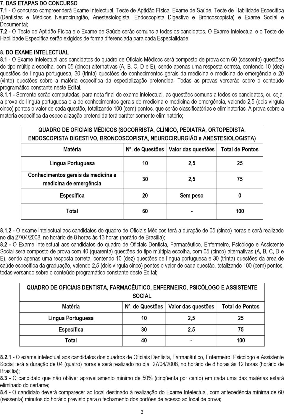 Broncoscopista) e Exame Social e Documental; 7.2 - O Teste de Aptidão Física e o Exame de Saúde serão comuns a todos os candidatos.