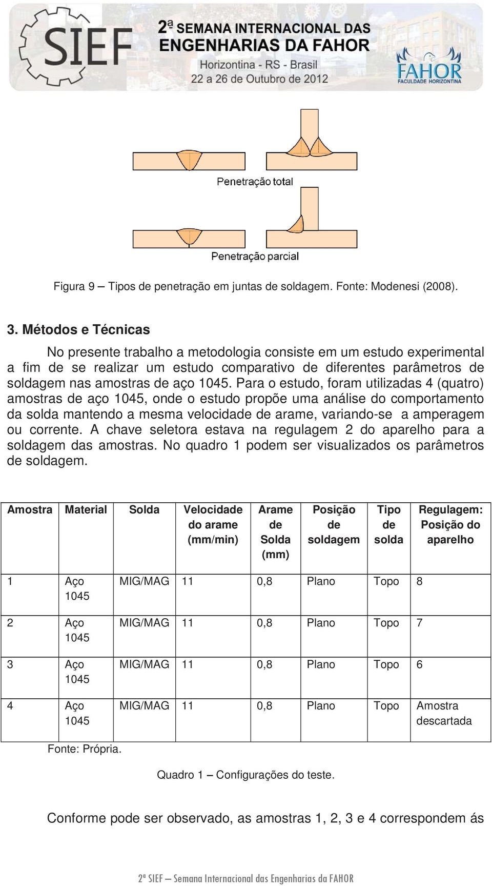 Para o estudo, foram utilizadas 4 (quatro) amostras de aço 1045, onde o estudo propõe uma análise do comportamento da solda mantendo a mesma velocidade de arame, variando-se a amperagem ou corrente.