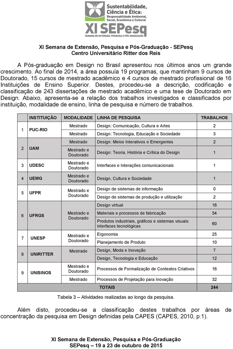 Destes, procedeu-se a descrição, codificação e classificação de 243 dissertações de mestrado acadêmico e uma tese de em Design.