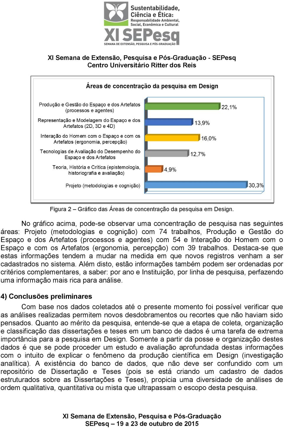 agentes) com 54 e Interação do Homem com o Espaço e com os Artefatos (ergonomia, percepção) com 39 trabalhos.