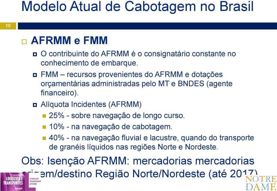 Alíquota Incidentes (AFRMM) 25% - sobre navegação de longo curso. 10% - na navegação de cabotagem.