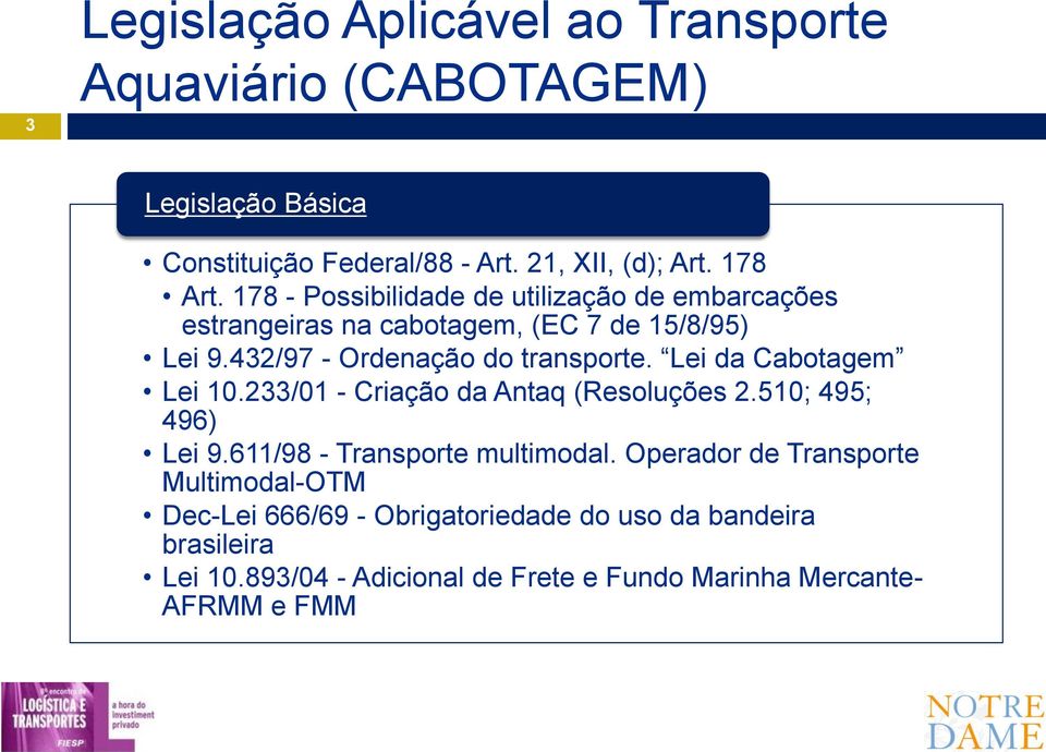 Lei da Cabotagem Lei 10.233/01 - Criação da Antaq (Resoluções 2.510; 495; 496) Lei 9.611/98 - Transporte multimodal.