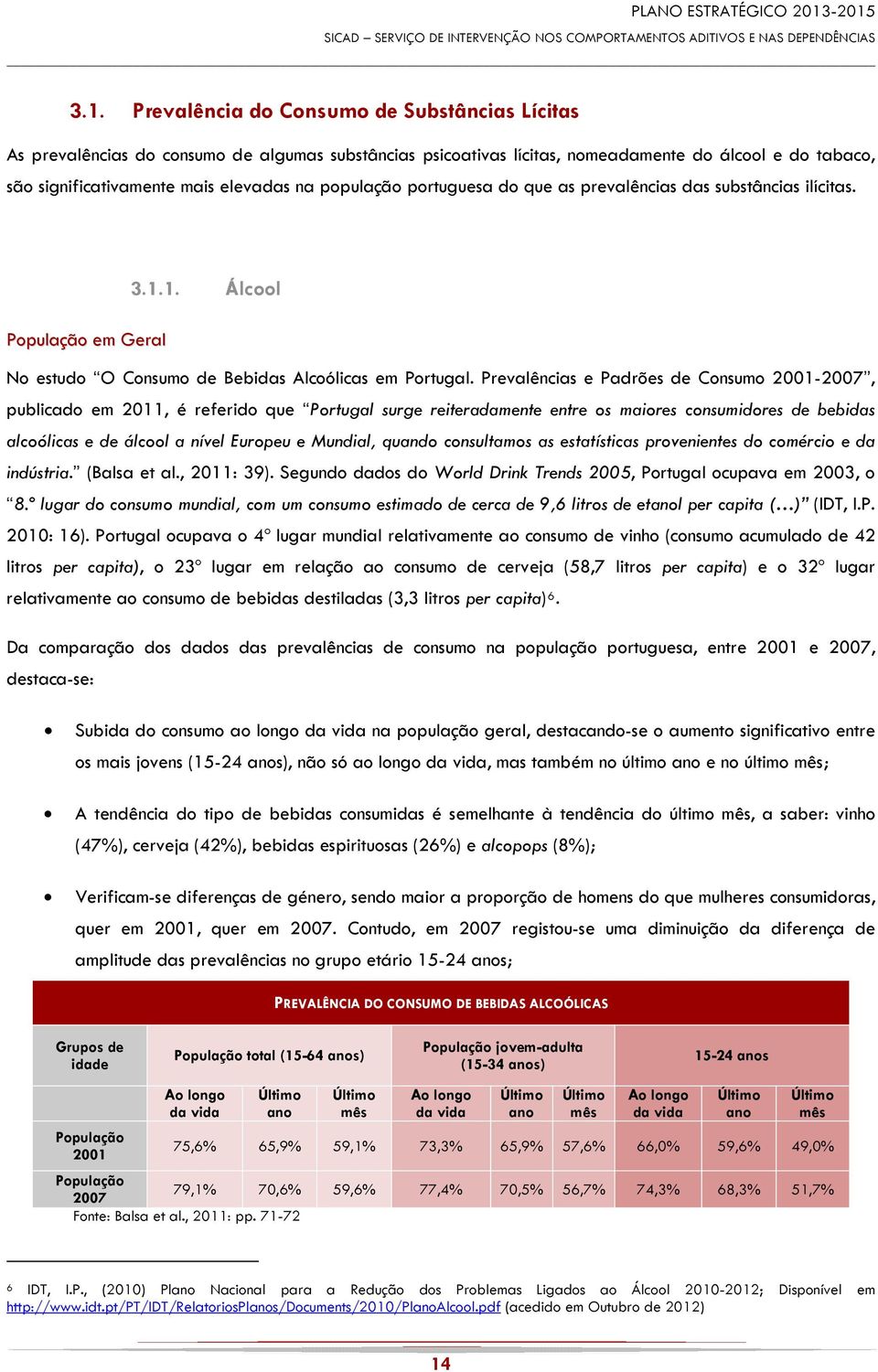 Prevalências e Padrões de Consumo 2001-2007, publicado em 2011, é referido que Portugal surge reiteradamente entre os maiores consumidores de bebidas alcoólicas e de álcool a nível Europeu e Mundial,