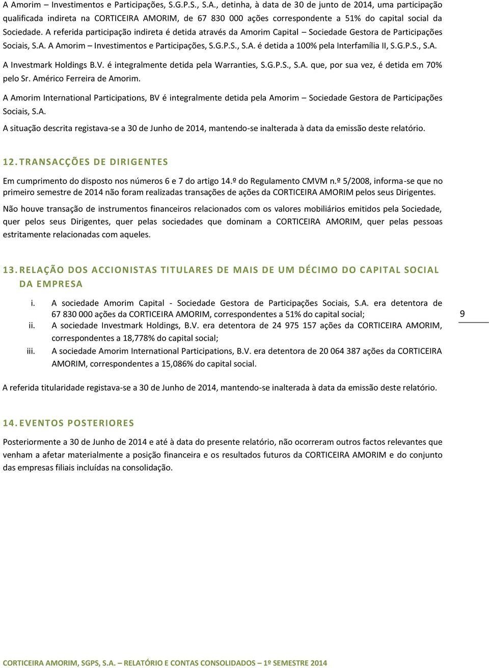 G.P.S., S.A. A Investmark Holdings B.V. é integralmente detida pela Warranties, S.G.P.S., S.A. que, por sua vez, é detida em 70% pelo Sr. Américo Ferreira de Amorim.