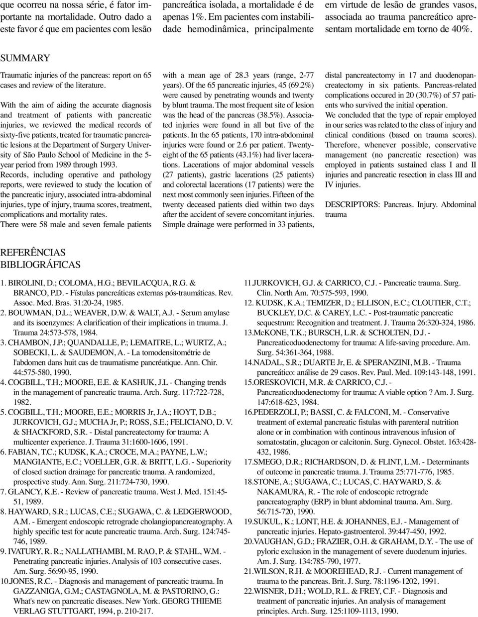 SUMMARY Traumatic injuries of the pancreas: report on 65 cases and review of the literature.