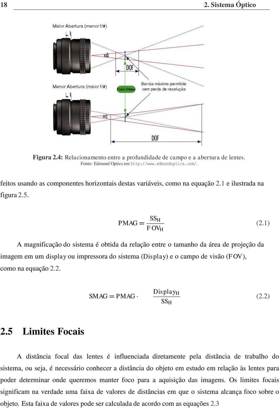 1) A magnificação do sistema é obtida da relação entre o tamanho da área de projeção da imagem em um display ou impressora do sistema (Dis play) e o campo de visão (F OV ), como na equação 2.