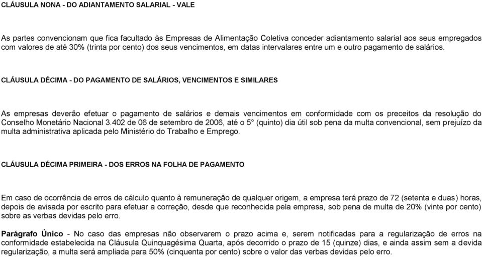 CLÁUSULA DÉCIMA - DO PAGAMENTO DE SALÁRIOS, VENCIMENTOS E SIMILARES As empresas deverão efetuar o pagamento de salários e demais vencimentos em conformidade com os preceitos da resolução do Conselho