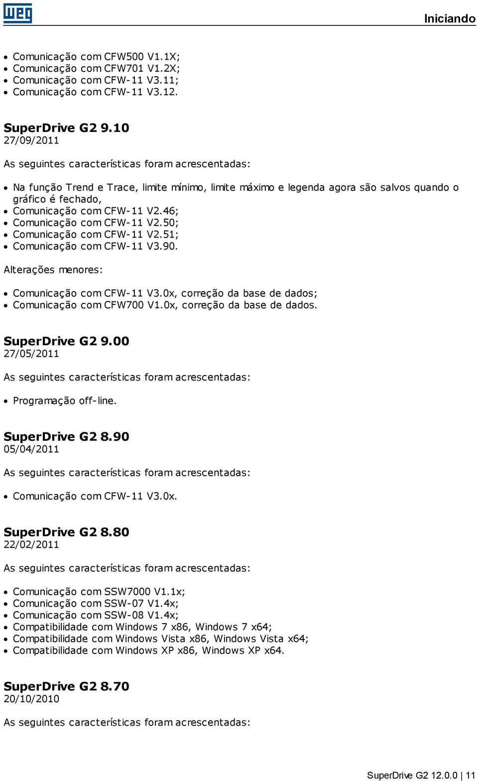 46; com CFW-11 V2.50; com CFW-11 V2.51; com CFW-11 V3.90. Alterações menores: com CFW-11 V3.0x, correção da base de dados; com CFW700 V1.0x, correção da base de dados. SuperDrive G2 9.