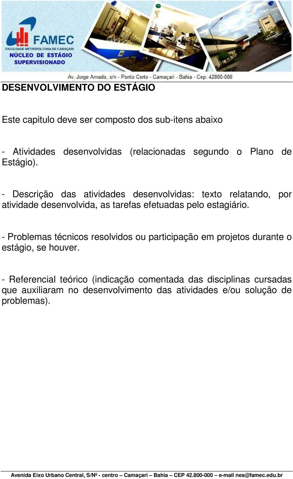 - Descrição das atividades desenvolvidas: texto relatando, por atividade desenvolvida, as tarefas efetuadas pelo estagiário.