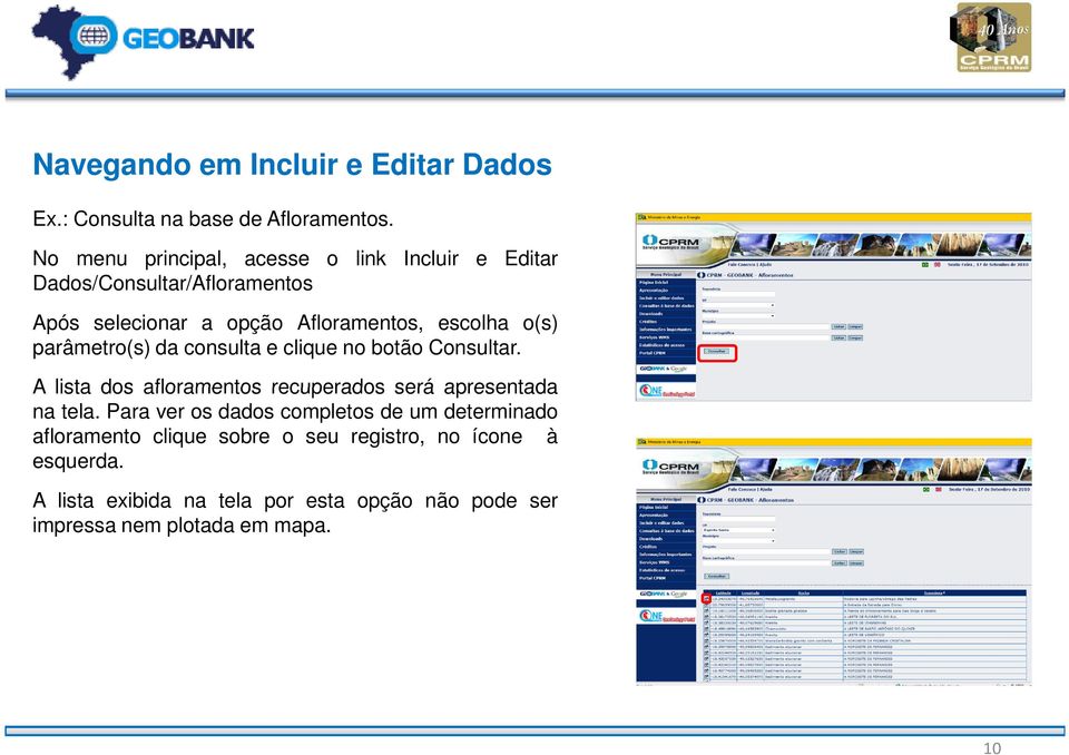 o(s) parâmetro(s) da consulta e clique no botão Consultar. A lista dos afloramentos recuperados será apresentada na tela.