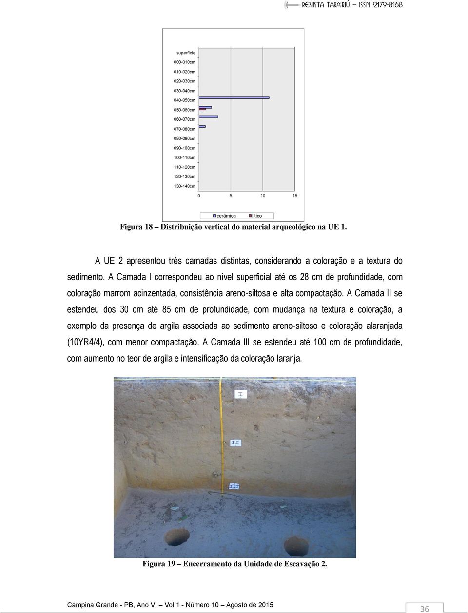 A Camada II se estendeu dos 30 cm até 85 cm de profundidade, com mudança na textura e coloração, a exemplo da presença de argila associada ao sedimento areno-siltoso e coloração